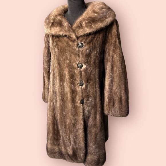 Vtg Women Mink Real Genuine Fur Coat Mid Length Collar Button Up 50s Glam Large - Picture 1 of 9